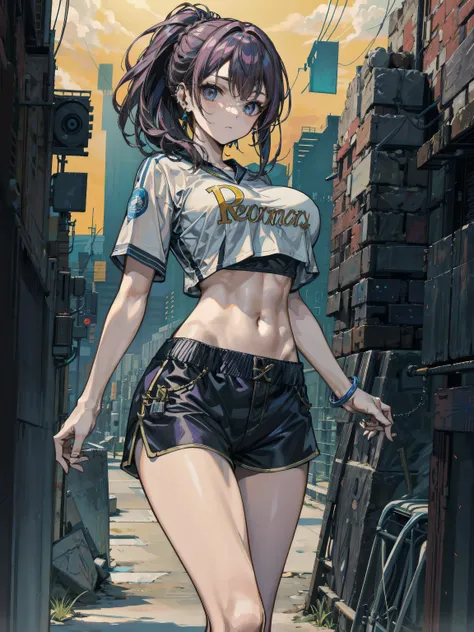 perfect anatomy, correct body, earring, large breasts, narrow waist, short hair, wavy hair, hair behind ear, half updo, black hair, looking at viewer, cowboy shot, crop top, shorts, sports uniform,