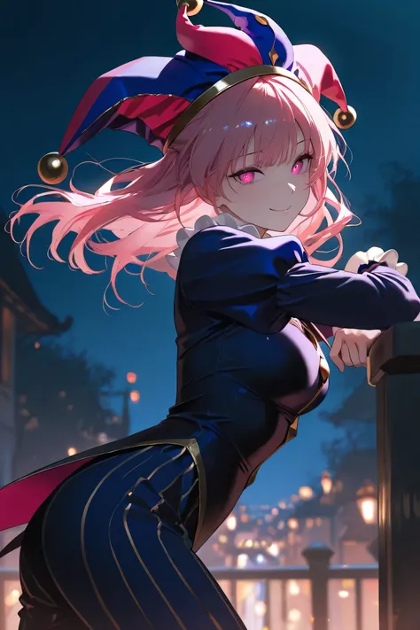 beautiful girl, clean hairstyle, attractive, top quality, masterpiece, curious face, dark pink eyes, cinematic shot, dark ambience, night time, dynamic pose, mysterious, jester hat, jester outfit