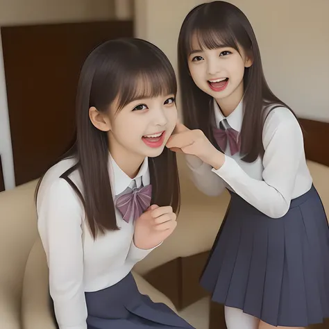 (highest quality, masterpiece, high resolution:1.2), 4K, (Photo quality detailed foreground: 1.2), geometry, ((Two 14yo too beautiful girls), Cute noble beautiful slender girl girly very-long-hair Japanese photo model seated in a white room and looking at ...