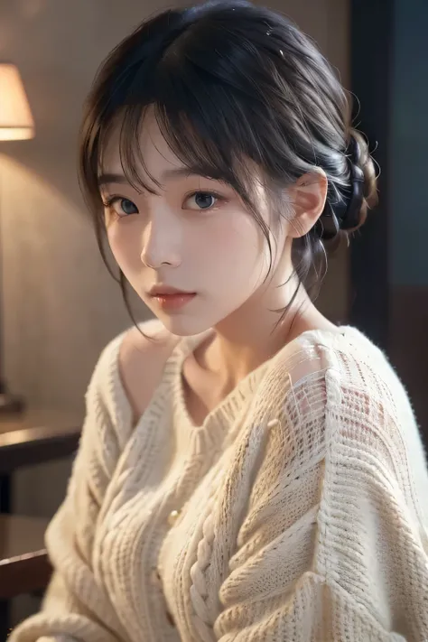 Japanese woman turning her butt k, Half updo,  realistic,  adult vibe,  knit , young woman, detailed facial features, serious expression, intricate hairstyle, knit sweater, high-quality, photorealistic, 4K, HDR, studio lighting, extremely detailed, vivid c...