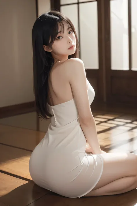 Japanese woman turning her butt k,adults, realistic,white camisole dress,upper body photorealistic,masterpiece,ultra-detailed,realistic,HDR,UHD,studio lighting,ultra-fine painting,sharp focus,physically-based rendering,extreme detail,professional,vivid col...