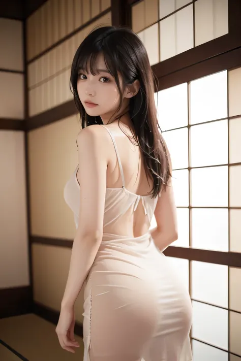 high quality,4K resolution,real,stares at,details,Japanese woman turning her butt k,Adult atmosphere,Camisole Dress,upper body,Calm expression,Softer Skin,long hair, Delicate Shape ,Studio Lighting,Wet Finish,Blur,,Natural Colors 