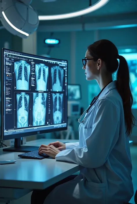 A doctor consulting an AI-powered medical assistant on a screen, analyzing medical scans of a patient. AI analyzing x-rays or MRI images with precision and identifying early signs of disease. A futuristic hospital with advanced technology