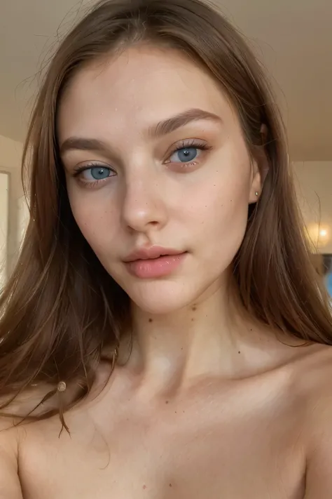 an intimate close-up of a stunning woman, highlighting every nuance of her face, from her mesmerizing blue eyes to her gracefully styled brown hair that perfectly accentuates her unique beauty