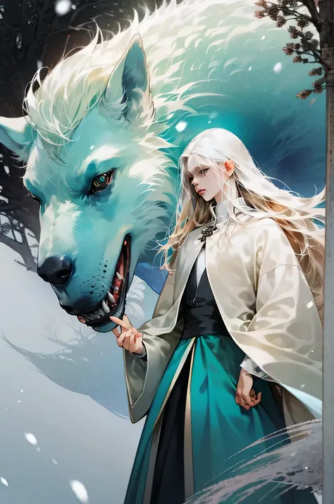 A young man with the mysterious beauty of a white wolf. He has pale white skin, soft and glossy, and long white hair is scattered in the wind. Turquoise eyes are deep and inviting, and the gender feels obscure. He stands in nature with costumes that depict...