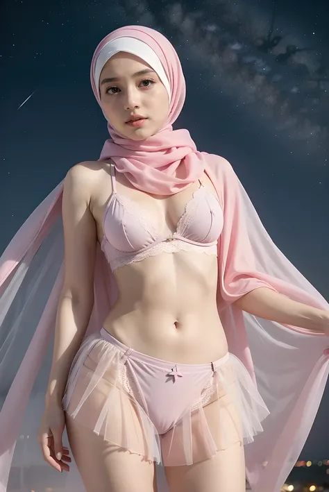 Long Hijab, beautiful, malaysian, cute pose, full body, (medium breasts) exotic attire, hijabi, string thong, transparent tutu mini skirt, pink lace mini belt around her waist, many detailed accessories, pink string  g-string, belly exposed, exotic pose,  ...