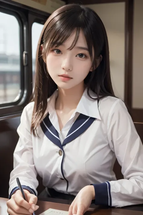  realistic,Japanese woman,high school uniform,train,upper body,front,place both hands on the table,cool facial expression,5K rendering,Authentic photography,Professional Quality,emotional,deep color,excellent detail,Soft lighting,Realistic material,High Re...