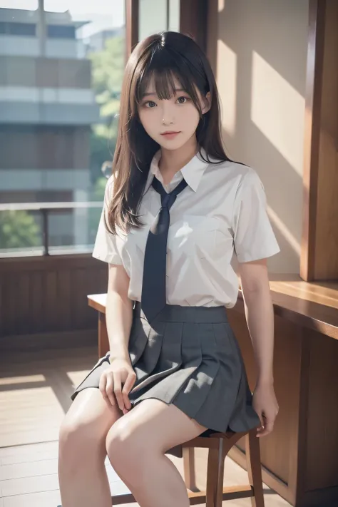 realisticな,Japanese,high school uniform,length short skirt,smile,sit on a chair,4K,8k,High Resolution,Masterpiece with natural light,extremely detailed description,Realistic CG,realistic,HDR,Studio Lighting,Superb texture,sharp focus on the ground,physical...