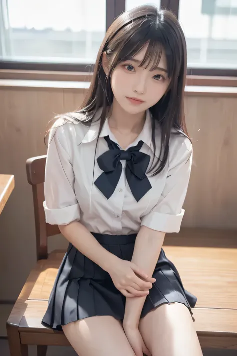 realisticな,Japanese,high school uniform,length short skirt,smile,sit on a chair,4K,8k,High Resolution,Masterpiece with natural light,extremely detailed description,Realistic CG,realistic,HDR,Studio Lighting,Superb texture,sharp focus on the ground,physical...