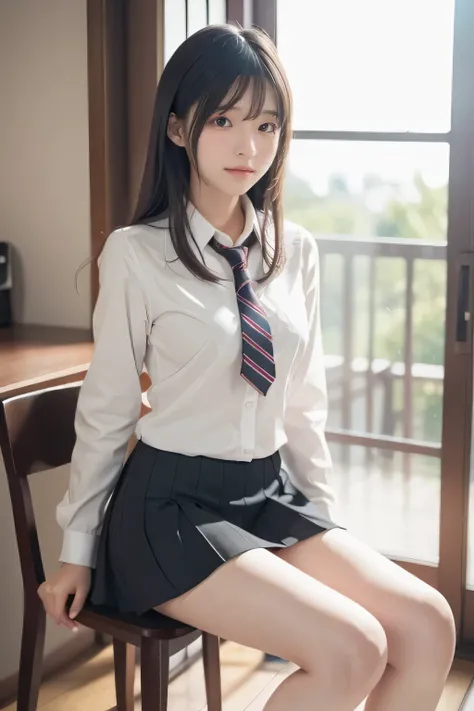 realisticな,Japanese,high school uniform,length short skirt,smile, sit on a chair with legs spread,4K,8k,High Resolution,Masterpiece with natural light,extremely detailed description,Realistic CG,realistic,HDR,STUDIO LIGHTING,Superb texture,sharp focus on t...