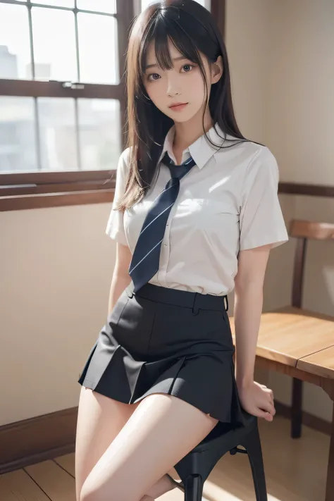 realisticな,Japanese,high school uniform,length short skirt,smile, sit on a chair with legs spread, pants,4K,8k,High Resolution,Masterpiece with natural light,extremely detailed description,Realistic CG,realistic,HDR,STUDIO LIGHTING,Superb texture,sharp foc...