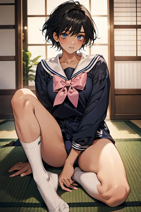 One super beautiful young woman， black hair，short hair，She's Shy，blue eyes，blush， dark skin:1.5,sweat:1.2，sailor suit，pink panties， white socks， Show white socks to viewers，anatomically accurate representation，background: tatami．