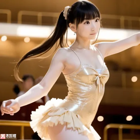 Depict a 20-year-old, exquisitely beautiful ballerina performing on a grand theater stage. She wears a delicate and intricately designed tutu, its soft fabric flowing with every movement. Her posture is impeccable, one leg extended in a perfect arabesque, ...