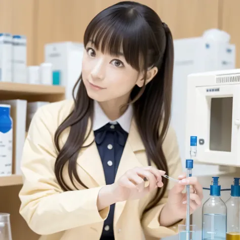 Depict a 20-year-old, stunningly beautiful woman conducting an experiment in a well-equipped science lab. She wears a pristine white lab coat over professional attire, her expression focused as she carefully handles scientific instruments. Whether her hair...