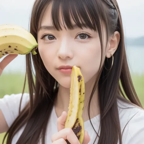 She is holding a banana with its peel partially removed, revealing the white fruit inside. She is eating the exposed white part. Black hair, long hair, dark eyes. 