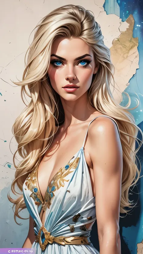 (cartoon style:1.2), cartoon comics style 1.2,Stuning artistic pin-up , marina Laswick very very beautiful, very sexy, beautiful skin, blue eyes, from behind, magnificent sublime white dress embroidered with gold backless, very low-cut, very beautiful very...