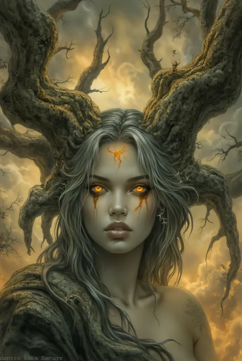 (dark) fantasy style. Close-up portrait of a mysterious ethereally beautiful forest dryade merges with a tree, mystical fairytale mood (light reflections)