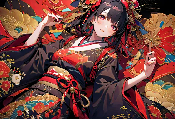 { Worst Quality , Low quality},  A vivid and colorful illustration of a female geisha character with dark hair ,  she wears a traditional Japanese costume decorated with camellias , And in the background is full of colorful patterns representing deep snowf...