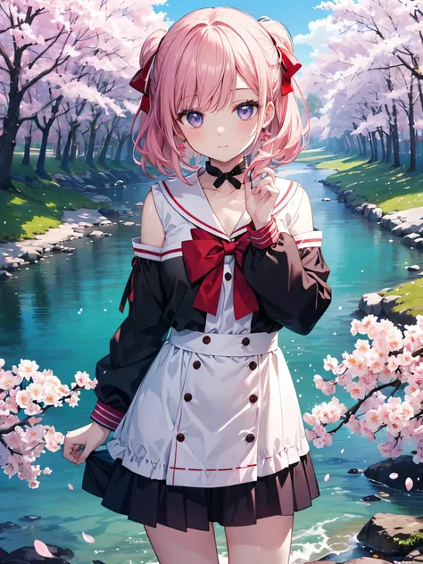 Beautiful Woman Posing by the River、anime girl wearing miniskirt and red bow、Cherry blossoms in full bloom、Cherry Tree、 masterpiece, Top Quality, Official Art, (Highly Detailed CG Unity 8K Wallpaper), Sensation  , (Guido Daniel's hand : 1.1), ft out frame,...