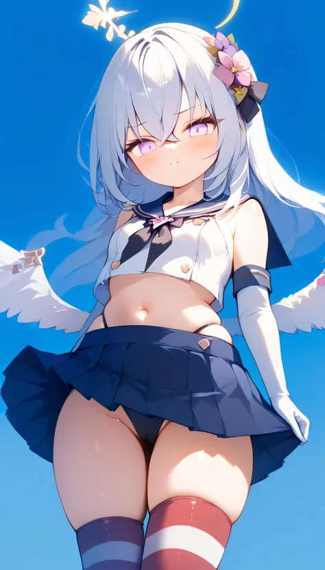 Azusa (blue archive),purple eyes,white hair,long hair,Wings,hair flower,halo, Alone, I can see my eyebrows through my hair, hair between their eyes, shimakazecosplay, shimakaze \(cosplay\), highleg panties, black neckerchief,  microskirt , striped thighhig...