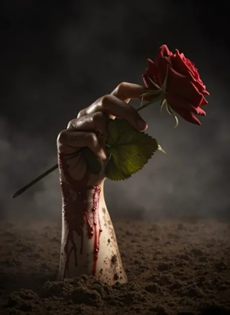 Beautiful red rose on a woman's hand soiled with blood coming out of the ground as if it were buried
