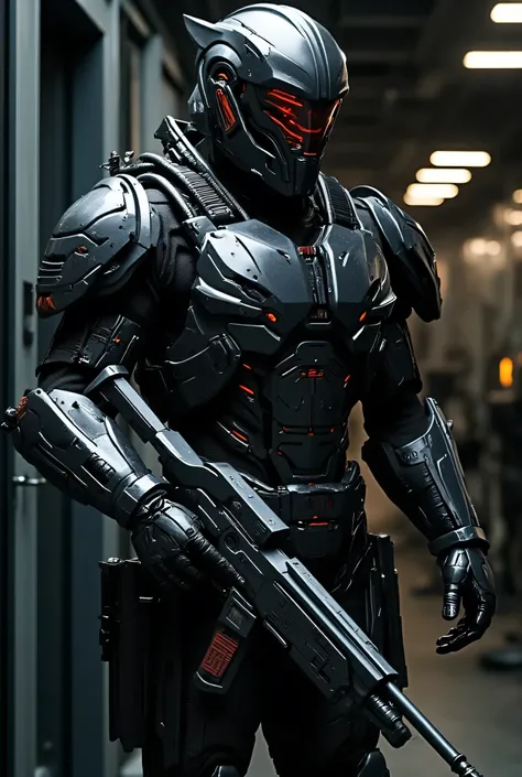 Futuristic senior officers in massive black and matt high-tech armor and exoskeleton(with rare red diodes),  Their helmet is designed in a high-tech style with a protective thin scarlet visor and built-in infrared sensors and pointed ears, they are holding...