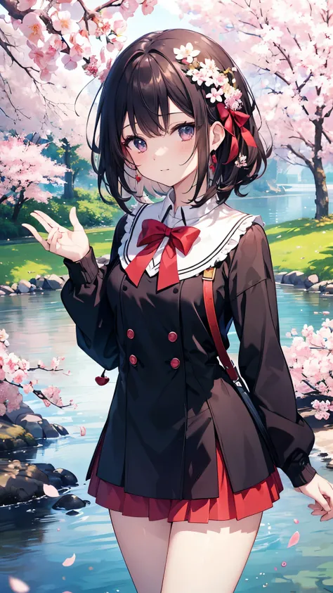 Beautiful Woman Posing by the River、anime girl wearing miniskirt and red bow、Cherry blossoms in full bloom、Cherry Tree、 masterpiece, Top Quality, Official Art, (Highly Detailed CG Unity 8K Wallpaper), Sensation  , (Guido Daniel's hand : 1.1), ft out frame,...