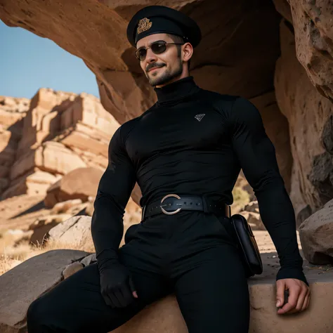 Age 35、handsome guy ,  3 guys ,black turtleneck long sleeve t-shirt。 short hair short hair 、In front of the cave、A manly provocation　Black eyepatch　、 as seen from below。　 upper body　Up  　 Menacing look　　black slim pants　　 black gloves　black belt　　　顔Up 　 bl...