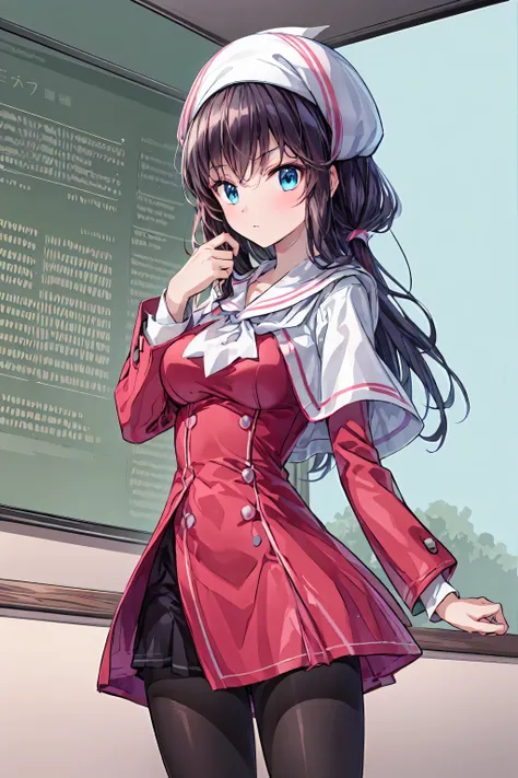 masterpiece, 1 girl,  sparrow , dark-haired girl,  in、 she's wearing a medieval white priest's suit ,  curly long hair, messy hair, slender bodies,  wears a brown capelet and wears a hood,  I'm wearing a golden capelet and hood with my left eye closed , Sh...