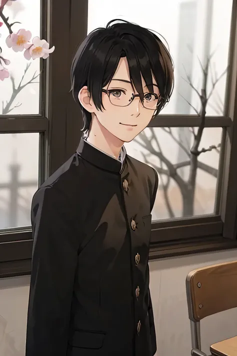 Japanese man handsome short dark-haired adult short cropped smile In the classroom window window windowの外は初春 There is only one cherry tree Black school run school uniform Black school run glasses glasses skinhead