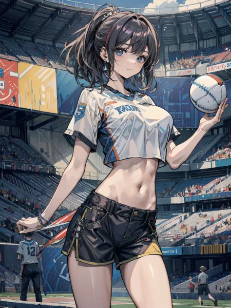 perfect anatomy, correct body, earring, huge breasts, narrow waist, short hair, wavy hair, hair behind ear, half updo, black hair, looking at viewer, cowboy shot, crop top, shorts, sports uniform, stadium,