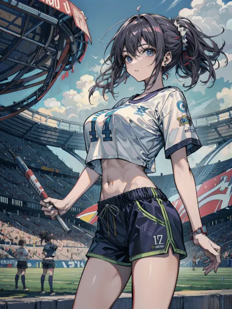 perfect anatomy, correct body, earring, huge breasts, narrow waist, short hair, wavy hair, hair behind ear, half updo, black hair, looking at viewer, cowboy shot, crop top, shorts, sports uniform, stadium,