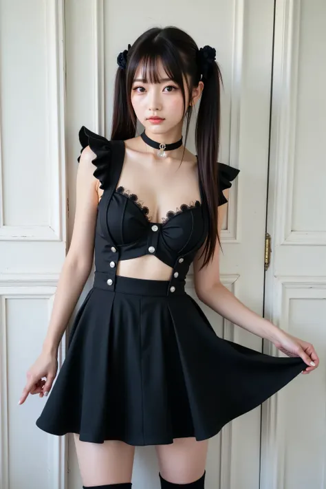 A realistic 4k photo of a young Japanese woman with a fair complexion, long, straight dark twin tails, and a black flower accessory, captured in a cowboy shot (waist-up, low-angle perspective). She has a neutral face. She wears an open black lolita dress, ...