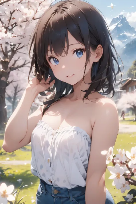 ((Top Quality)), ((Excellent)), (Detailed),((Swiss)),Ultra-Realistic, Stunning Environment, ((Topless)), Black Hair, ((Very Very Young Girl)),((Straight Hair)), Shiny Hair, ((Blue Eyes)),((Green Grassland)),((Cherry Blossoms in Full Bloom)),((Extra Close-U...