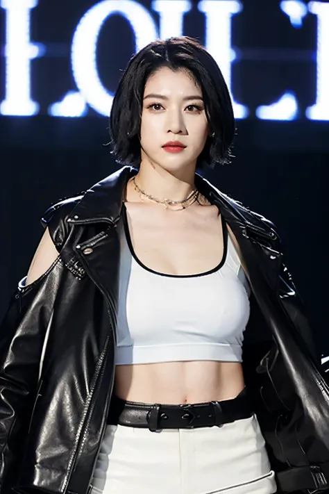  black hair、short hair、 huge breasts、sexy body、black leather jacket with white tank top、black tight miniskirt、 lots of people々A white tank top inside a