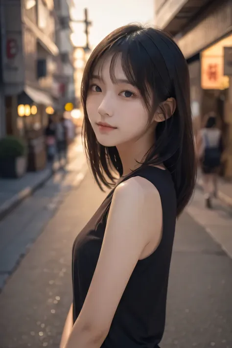 high quality photo, beautiful young Japanese woman, quiet and introspective expression, smiling softly, wearing tight t-shirt, sleeveless, standing in city street, stylish urban setting, 4k, ultra-detailed, photorealistic, dramatic lighting, warm color pal...