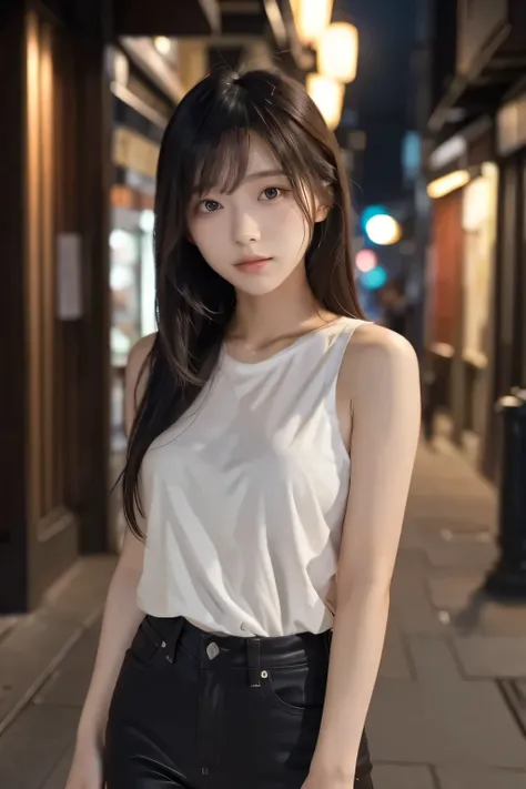 high quality photo, beautiful young Japanese woman, quiet and introspective expression, smiling softly, wearing tight t-shirt, sleeveless, standing in city street, stylish urban setting, 4k, ultra-detailed, photorealistic, dramatic lighting, warm color pal...