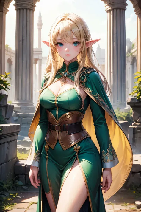 masterpiece,Top Quality,very detailed,photorealistic,realistic, ultra high resolution, Masterpiece with natural light,fantasy,Elf Girl,Age 15, very long blonde,thin, perfect eyes,Slender,SMALLE BREASTS,so cute,Green clothes,gem,embroidery,Cape,Deserted Anc...