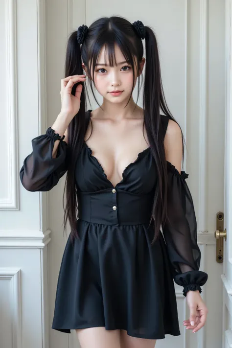 A young Japanese woman captured in a 4K realistic photo, with long, straight dark twin tails and a black flower accessory. Fair complexion, neutral face. Cowboy shot (waist-up, low-angle perspective). She wears an open black lolita dress, exposing a black ...