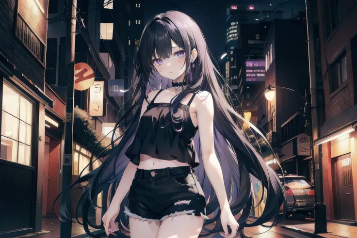 (masterpiece), (best quality), ultra detailed, finely detailed color, cenematic painting, bishoujo, model, ((one lady)), ager, cute face, black hair, absurdly long hair, straight hair, (violet eyes:1.2), purple eyes, walking, chocker, ((black camisole)), s...