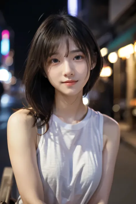 high quality photo, beautiful young Japanese woman, quiet and introspective expression, smiling softly, wearing tight t-shirt, sleeveless, standing in city street, stylish urban setting, 4k, ultra-detailed, photorealistic, dramatic lighting, cinematic comp...