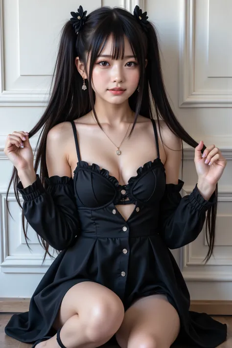 "A young Japanese woman captured in a 4K realistic photo, with long, straight dark twin tails and a black flower accessory. Fair complexion, neutral face. Cowboy shot (waist-up, low-angle perspective). She wears an open black lolita dress, exposing a black...