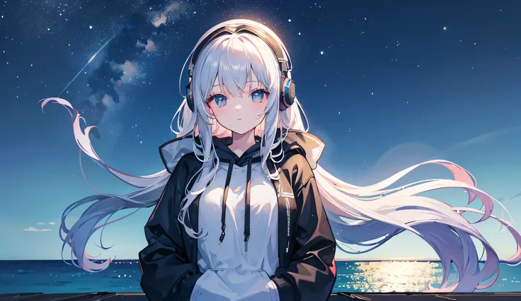 ((best quality)), ((masterpiece)), (detailed), A young woman wearing large, cozy headphones sits on a wooden pier at night, gazing at the calm ocean. The distant city lights reflect on the gentle waves, creating a dreamy neon glow. She wears an oversized h...