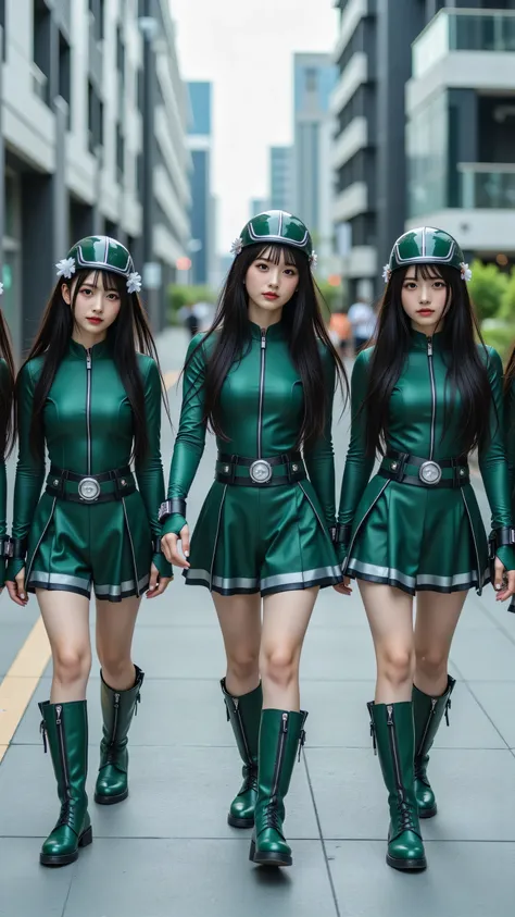 A realistic 4k photo of five 19-year-old women with light-medium skin tones, in stylish, dark, edgy, slightly gothic Super Sentai heroine outfits, strolling down a city sidewalk amidst modern, multi-story buildings. A group of five women wear matching gree...