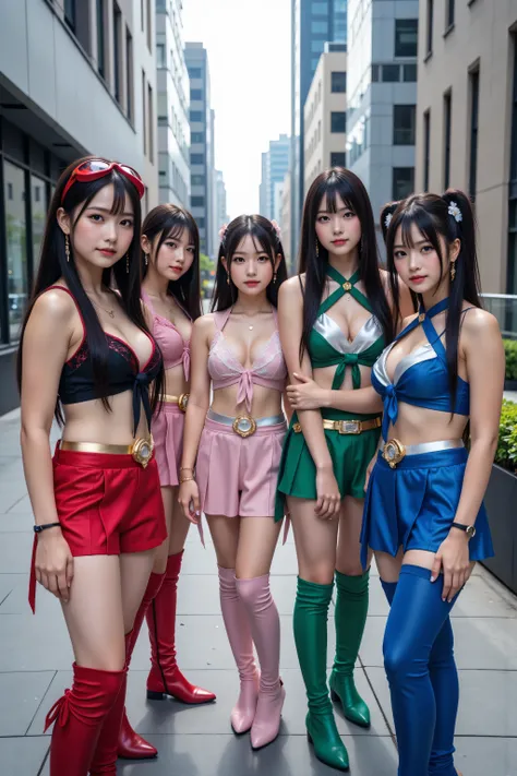 A realistic 4k photo of five 19-year-old women with light-medium skin tones, in stylish, dark, edgy, slightly gothic Super Sentai heroine outfits, positioned on a city sidewalk amidst modern, multi-story buildings. The five women are captured in close-up s...