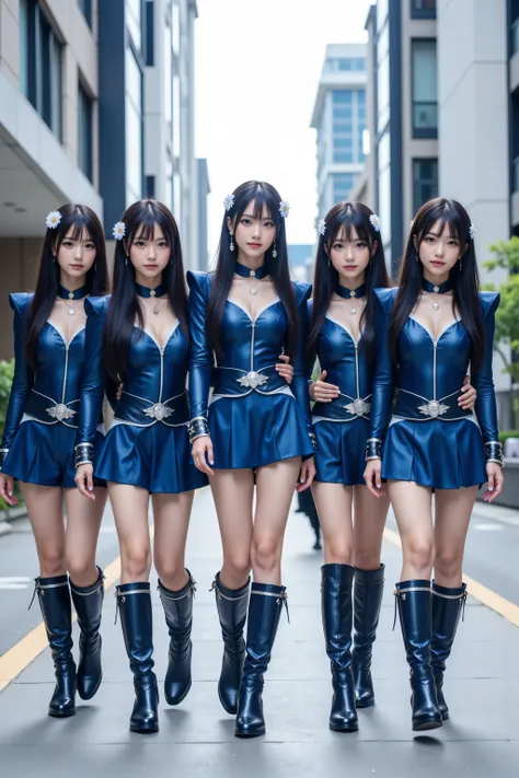 A realistic 4k photo of five 19-year-old women with light-medium skin tones, in stylish, dark, edgy, slightly gothic Super Sentai heroine outfits, strolling down a city sidewalk amidst modern, multi-story buildings. A group of five women wear matching blue...