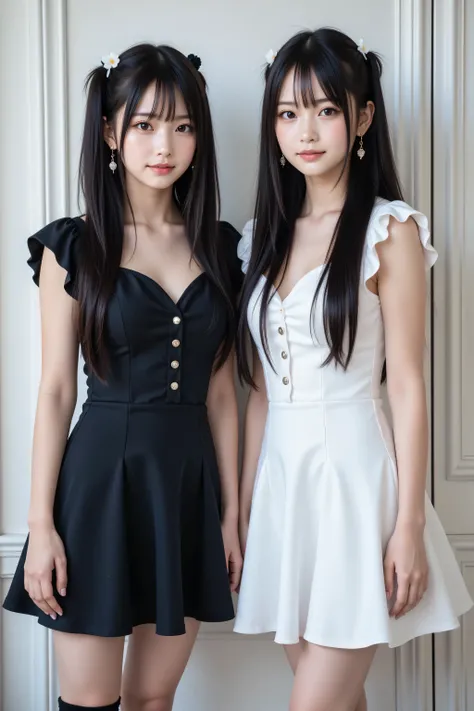 A realistic 4k photo of two young Japanese women with long, straight dark hair styled in twin tails, each adorned with a small hair accessory—a black flower on the left, a white flower on the right. Both have fair complexions and neutral expressions. They ...