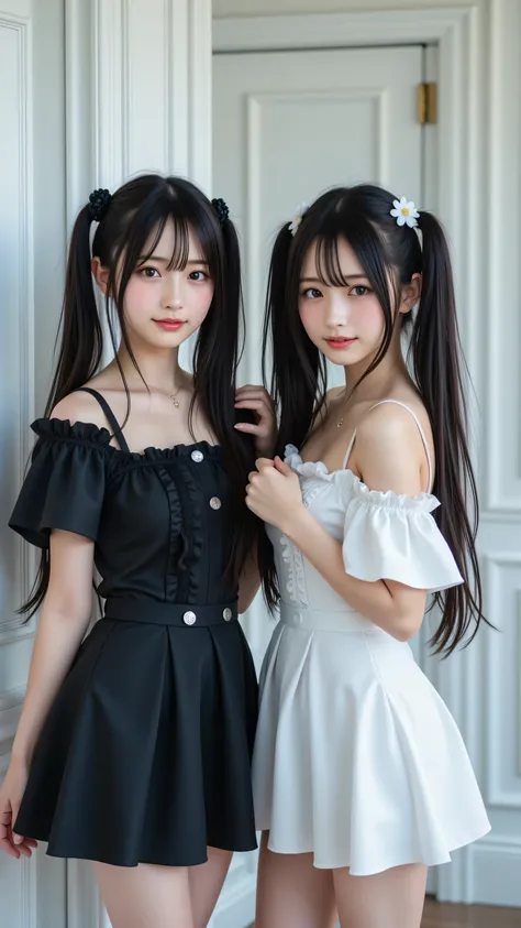 A realistic 4k photo of two young Japanese women with long, straight dark hair styled in twin tails, each adorned with a small hair accessory—a black flower on the left, a white flower on the right. Both have fair complexions and subtle, bright smiles. The...