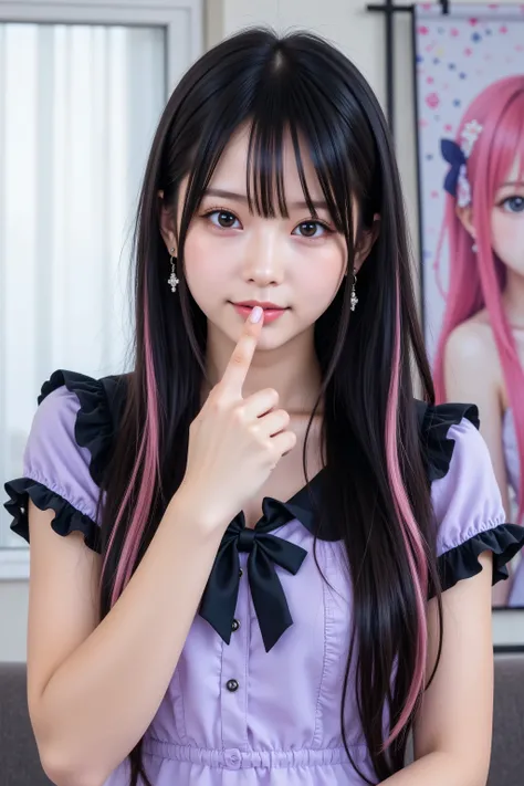 A realistic photo of a young Japanese woman posing indoors, captured in a close-up shot from the waist up. She has long, straight black hair with pink streaks on both sides, bangs covering her forehead, and fair, clear skin, wearing a light purple blouse w...