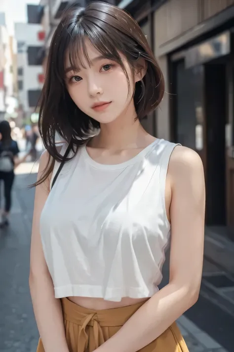 high quality photo, beautiful young Japanese woman, quiet and introspective expression, smiling softly, wearing tight t-shirt, sleeveless, standing in city street, stylish urban setting, 4K, ultra-detailed, photorealistic, cinematic composition, Black, Adu...